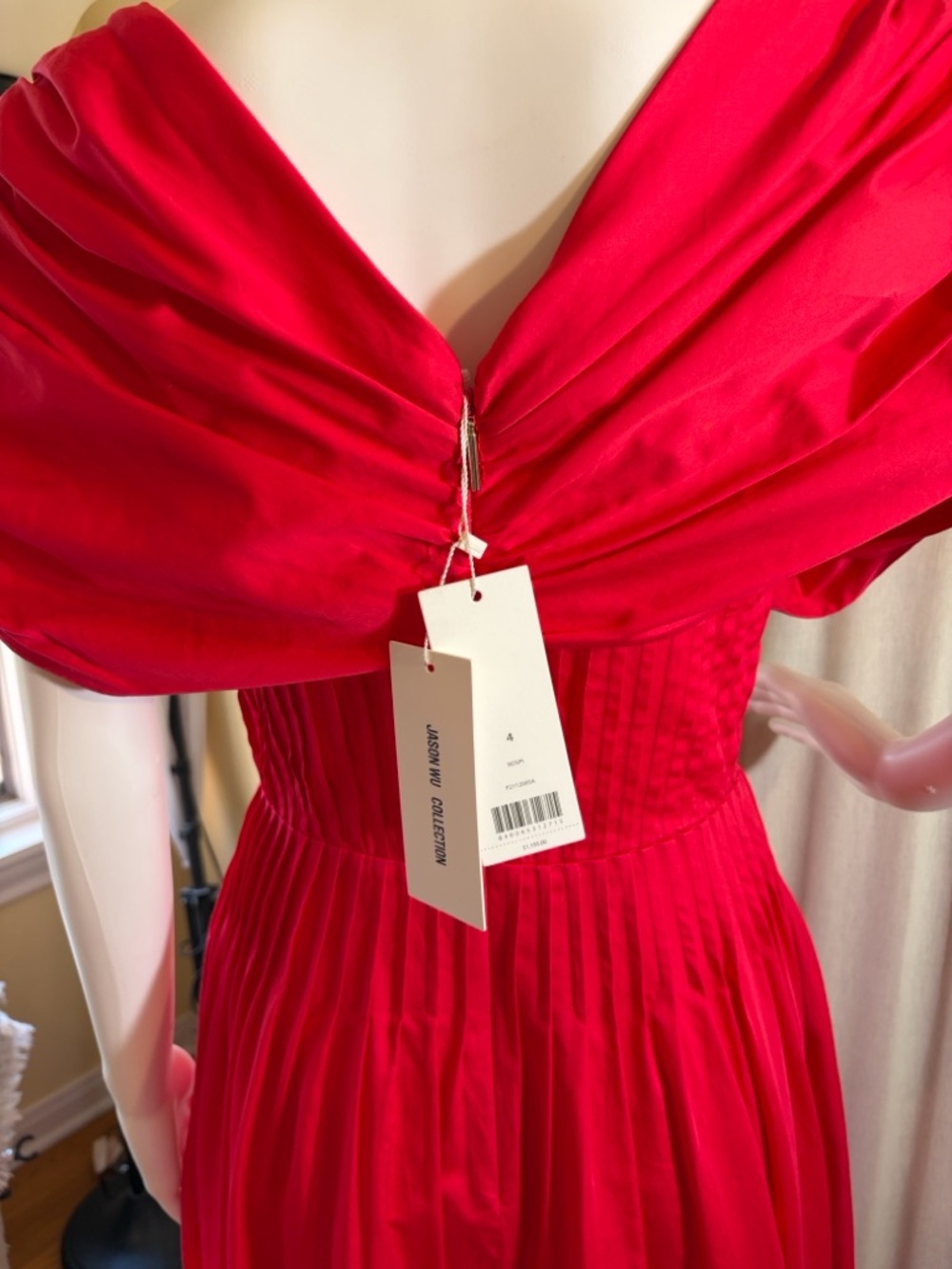Jason Wu Off the Shoulder Pintucked Red Midi Dress - Picture 9 of 12